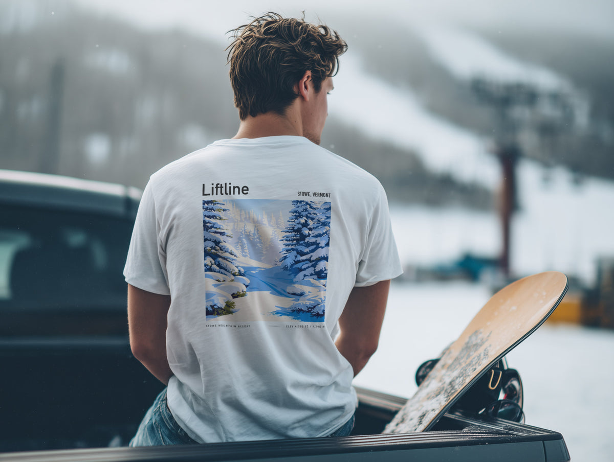 Liftline, Stowe Ski T-Shirt | Vermont Mountain Art Tee — design printed on the back of the t-shirt