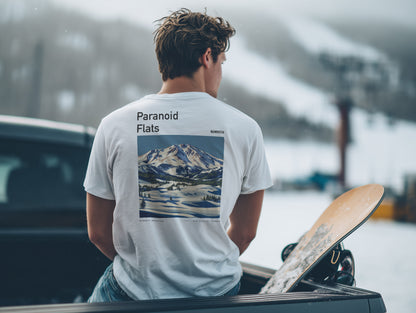 Paranoid Flats Ski T-Shirt | Mammoth Mountain Art Tee — design printed on the back of the t-shirt