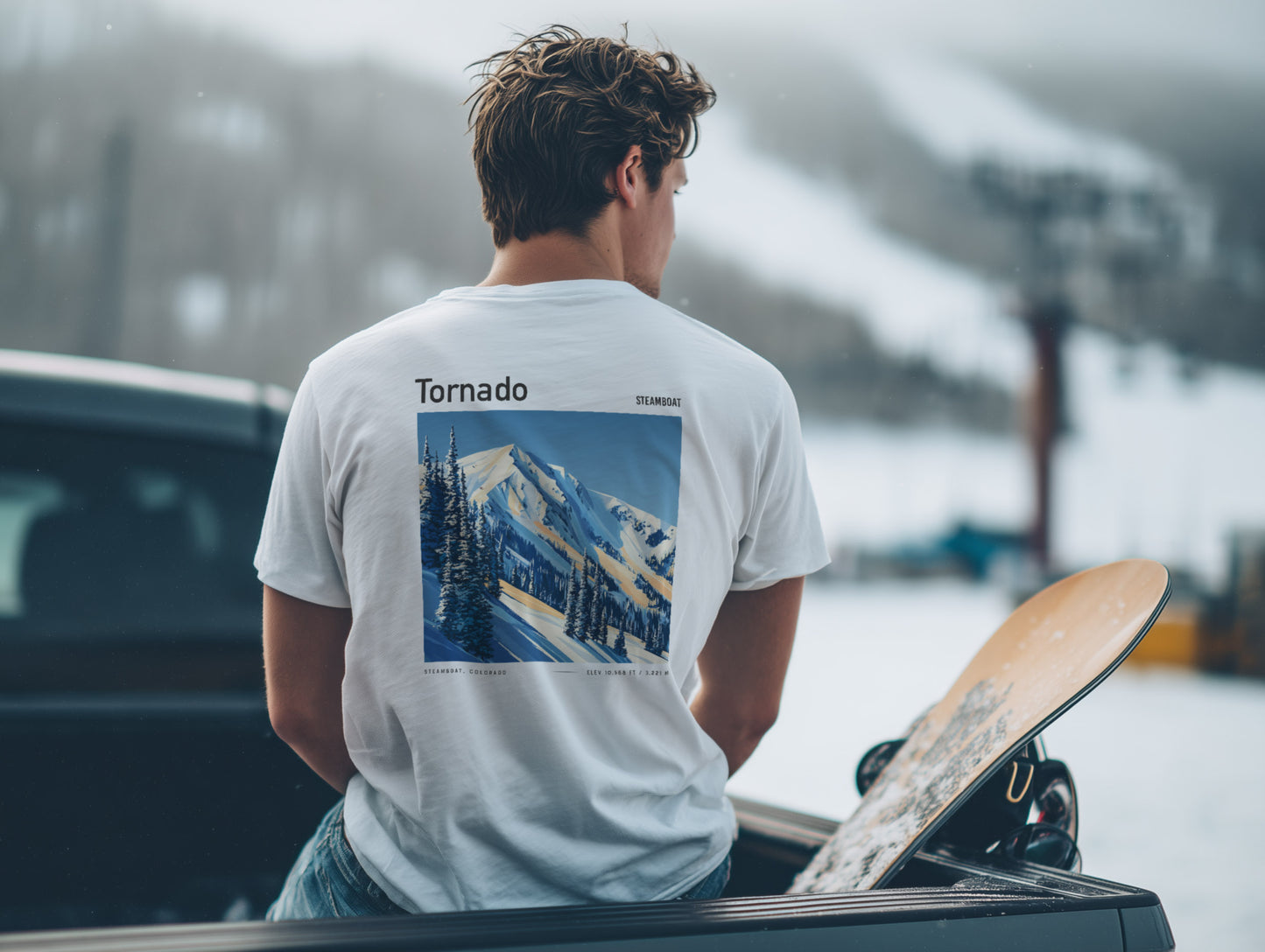 Tornado Steamboat Ski T-Shirt | Steamboat Springs Mountain Art Tee — design printed on the back of the t-shirt