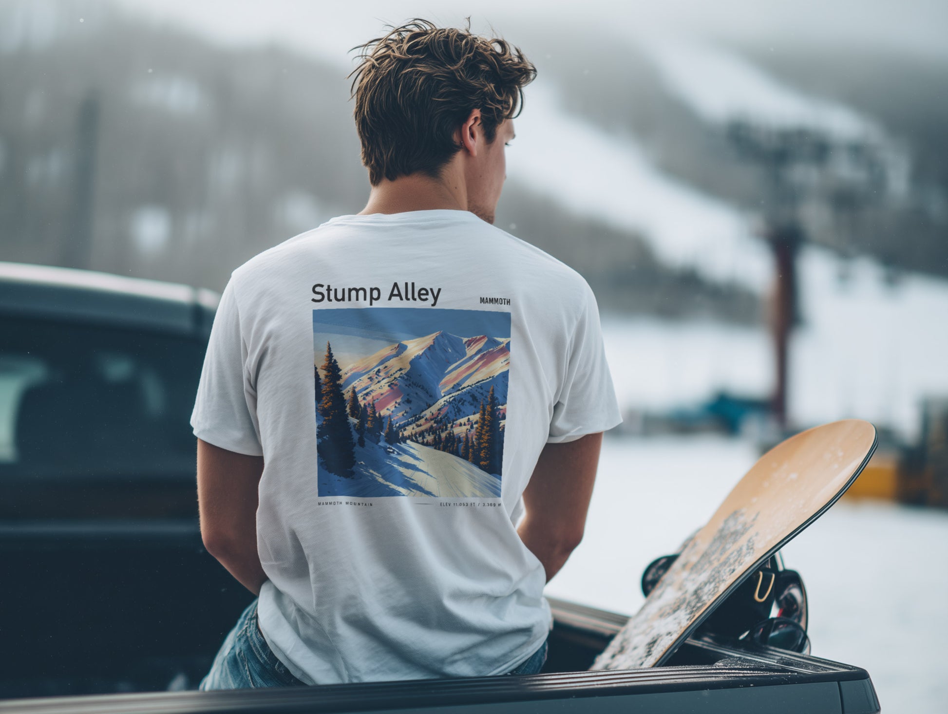 Stump Alley Ski T-Shirt | Mammoth Mountain Art Tee — design printed on the back of the t-shirt