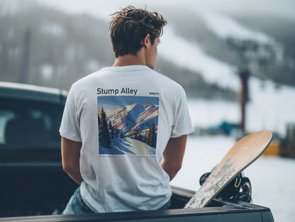 Stump Alley Ski T-Shirt | Mammoth Mountain Art Tee — design printed on the back of the t-shirt