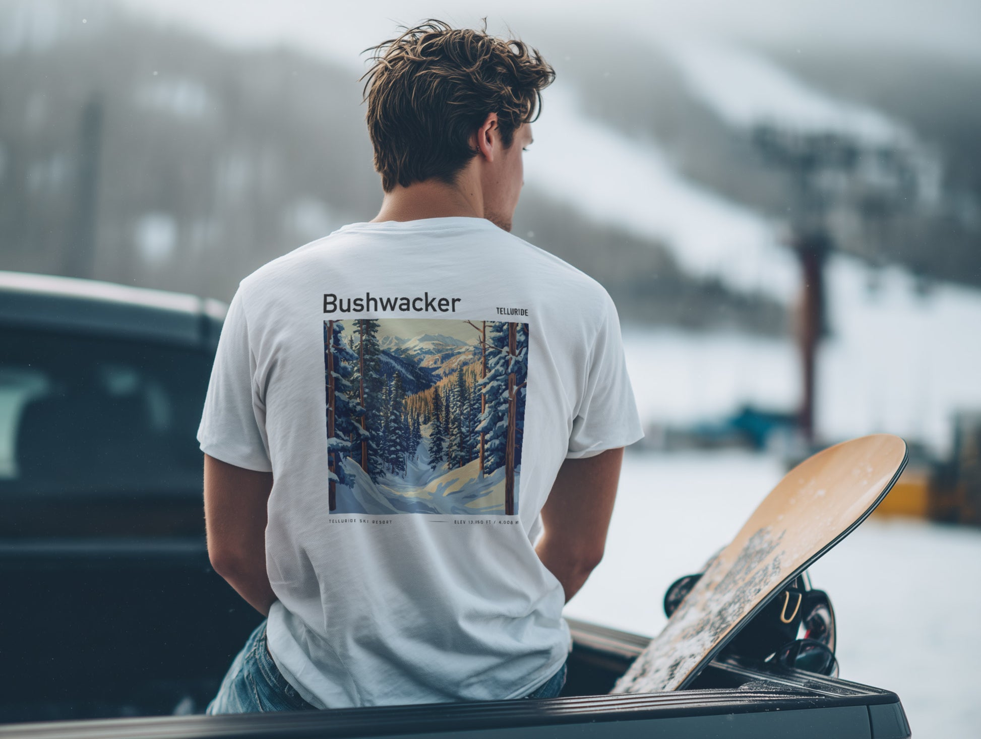 Bushwacker Ski T-Shirt | Telluride Mountain Art Tee — design printed on the back of the t-shirt