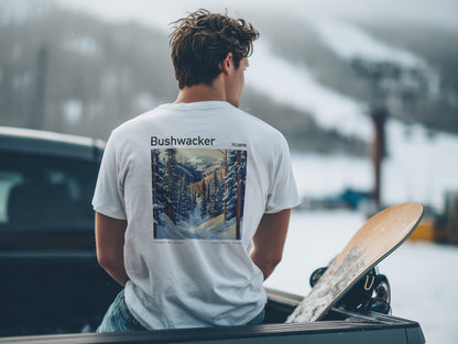 Bushwacker Ski T-Shirt | Telluride Mountain Art Tee — design printed on the back of the t-shirt