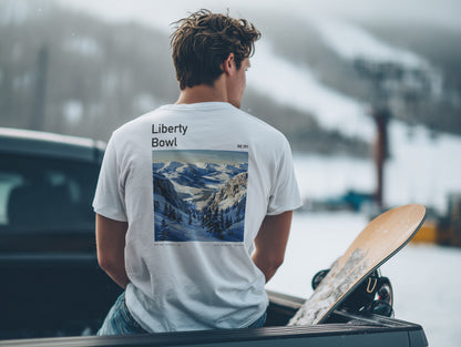 Liberty Bowl Ski T-Shirt | Big Sky Mountain Art Tee — design printed on the back of the t-shirt