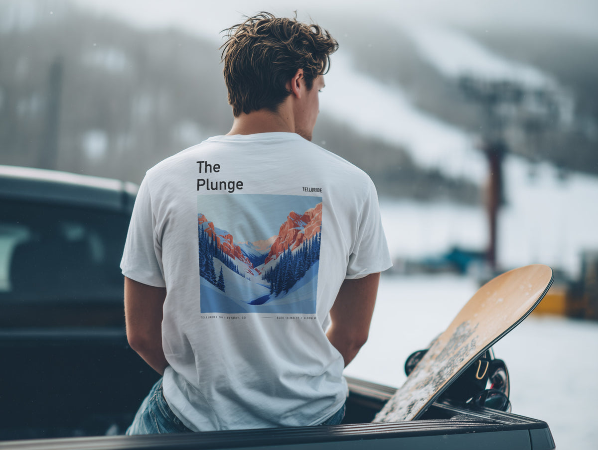 The Plunge Ski T-Shirt | Telluride Mountain Art Tee — design printed on the back of the t-shirt