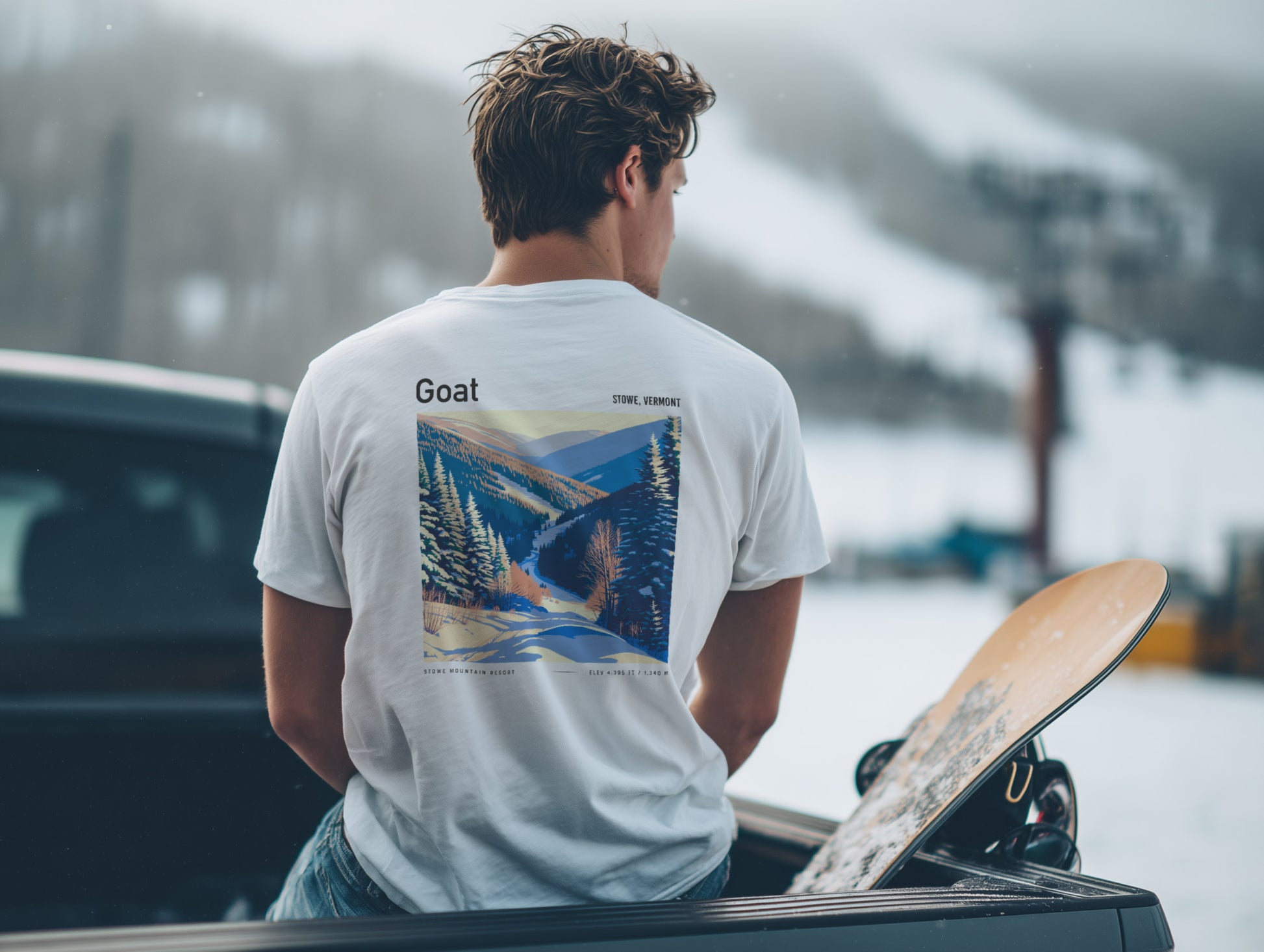 Goat, Stowe Ski T-Shirt | Vermont Mountain Art Tee — design printed on the back of the t-shirt