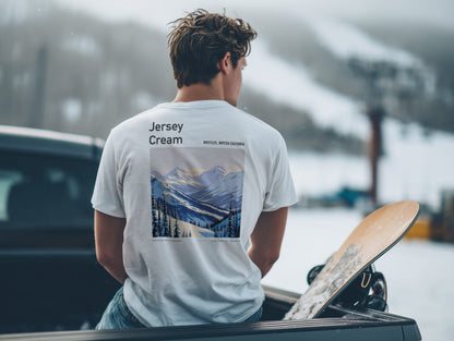 Jersey Cream Ski T-Shirt | Whistler Blackcomb Mountain Art Tee — design printed on the back of the t-shirt