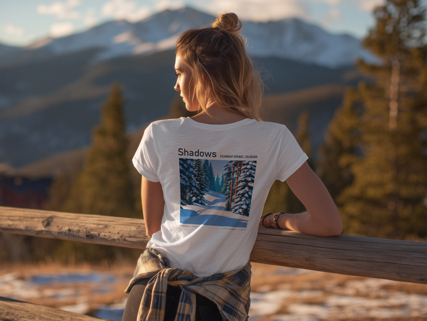 Shadows, Steamboat Ski T-Shirt | Rocky Mountain Powder Art Tee — design printed on the back of the t-shirt