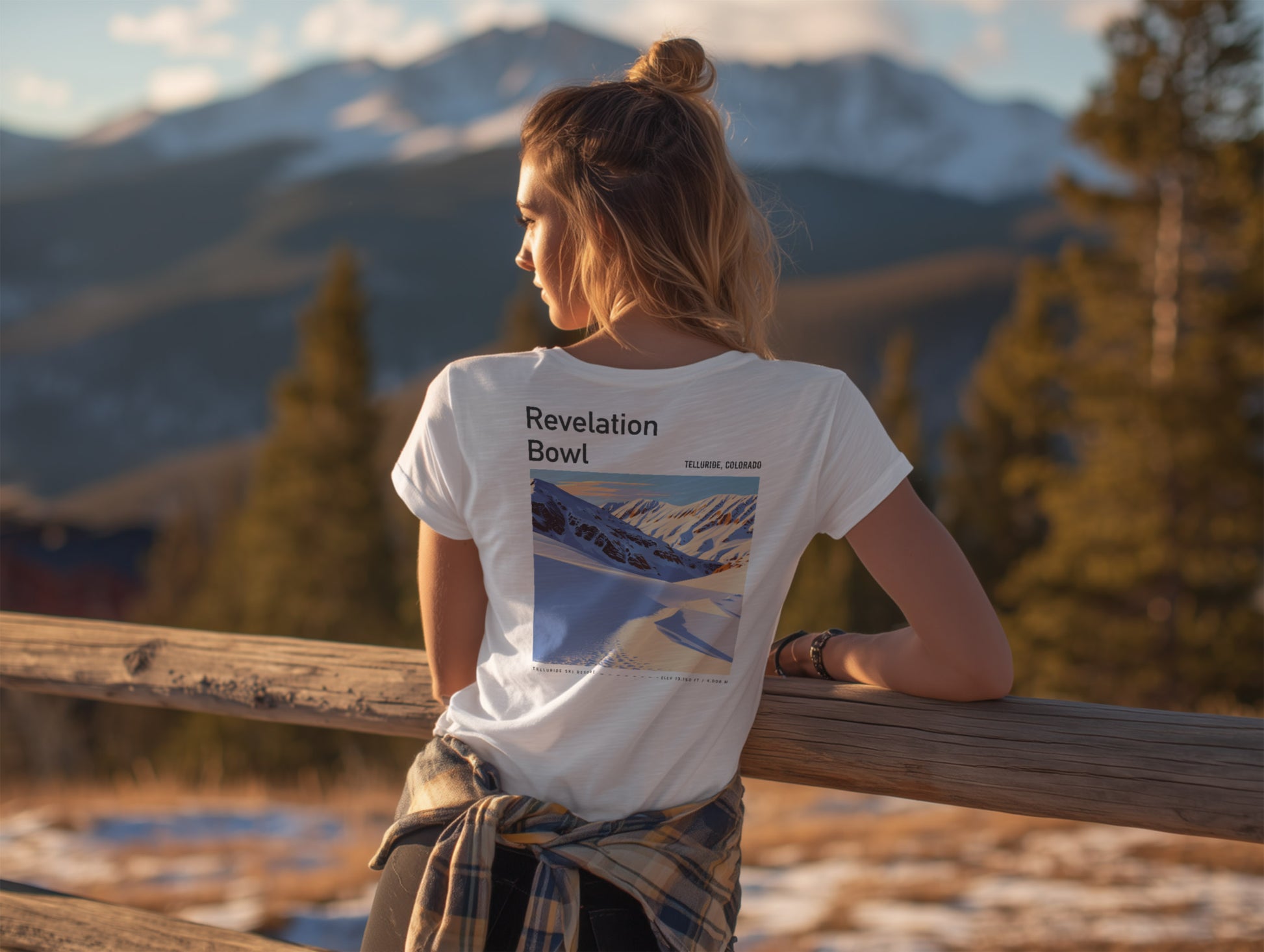 Revelation Bowl Ski T-Shirt | Telluride Mountain Art Tee — design printed on the back of the t-shirt