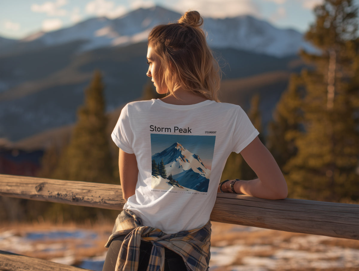 Storm Peak Steamboat Ski T-Shirt | Colorado Mountain Art Tee — design printed on the back of the t-shirt