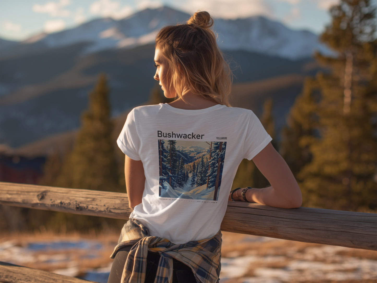 Bushwacker Ski T-Shirt | Telluride Mountain Art Tee — design printed on the back of the t-shirt