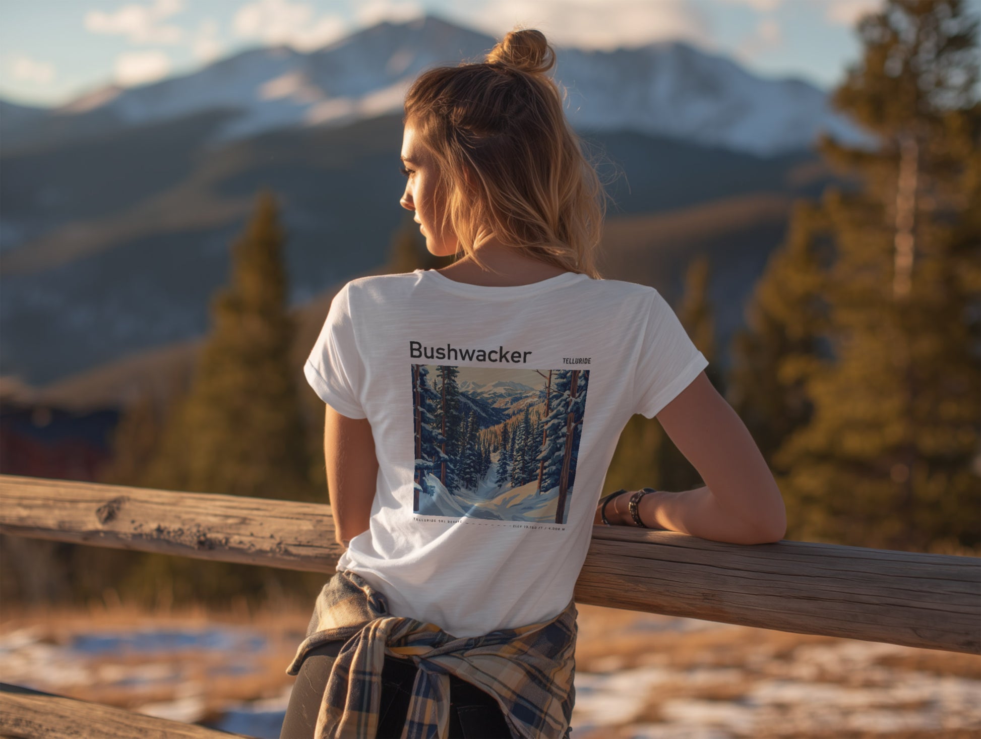 Bushwacker Ski T-Shirt | Telluride Mountain Art Tee — design printed on the back of the t-shirt