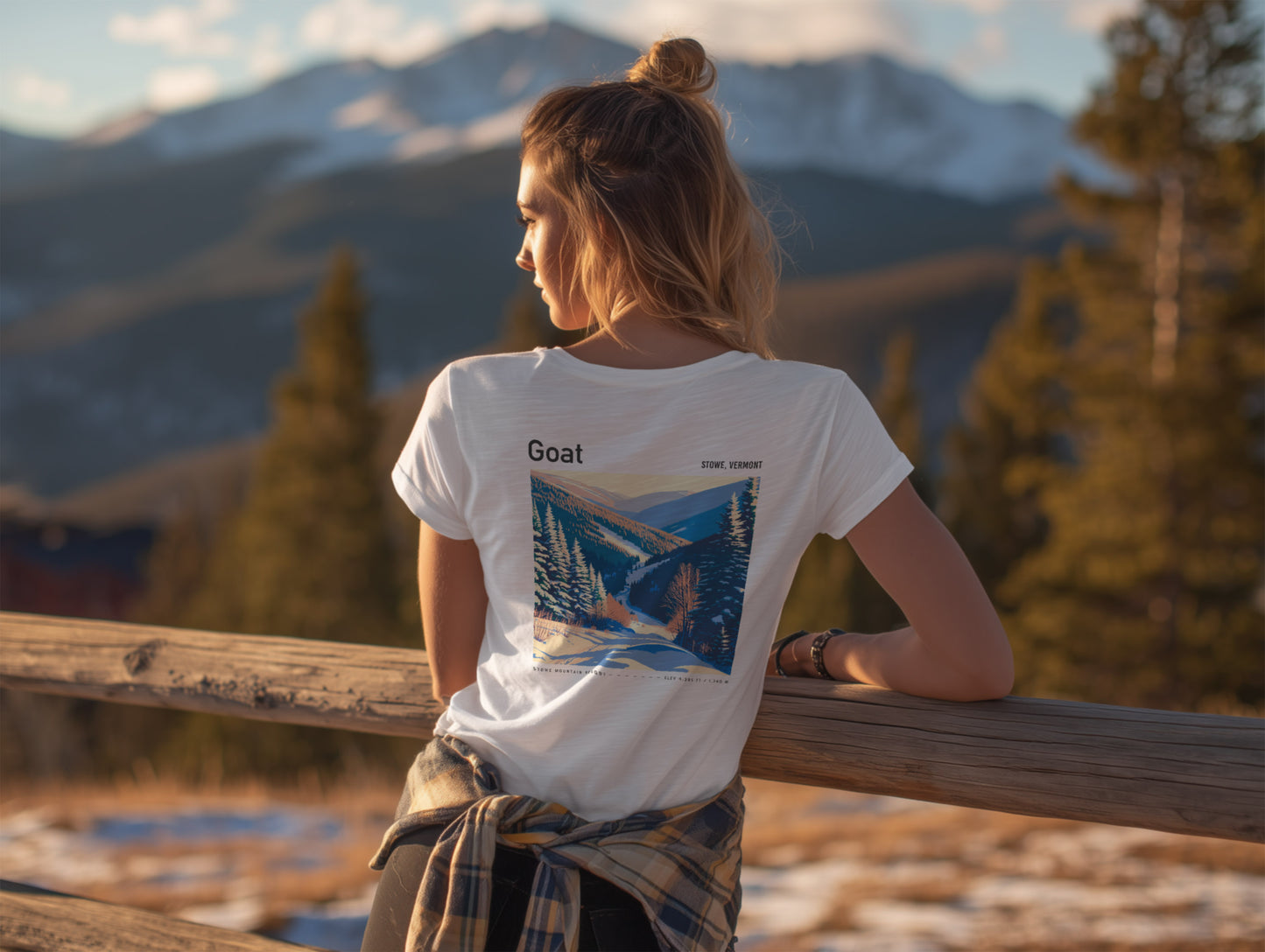 Goat, Stowe Ski T-Shirt | Vermont Mountain Art Tee — design printed on the back of the t-shirt