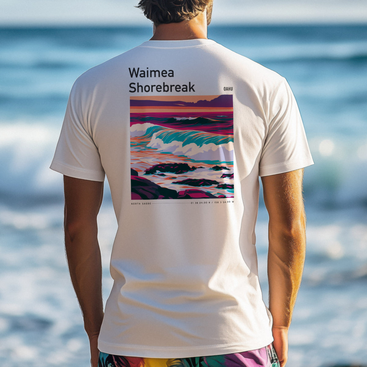 Waimea Shorebreak Surf T-Shirt | Raw Power, Big Wave Art — design printed on the back of the t-shirt