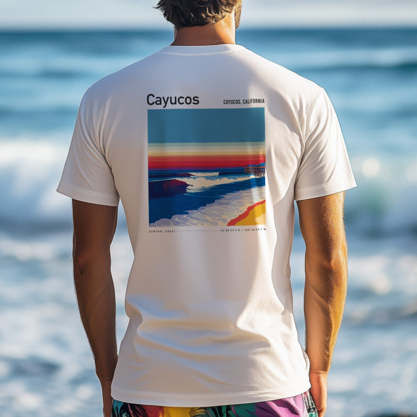 Cayucos Surf T-Shirt | Central Coast Wave Art Tee — design printed on the back of the t-shirt
