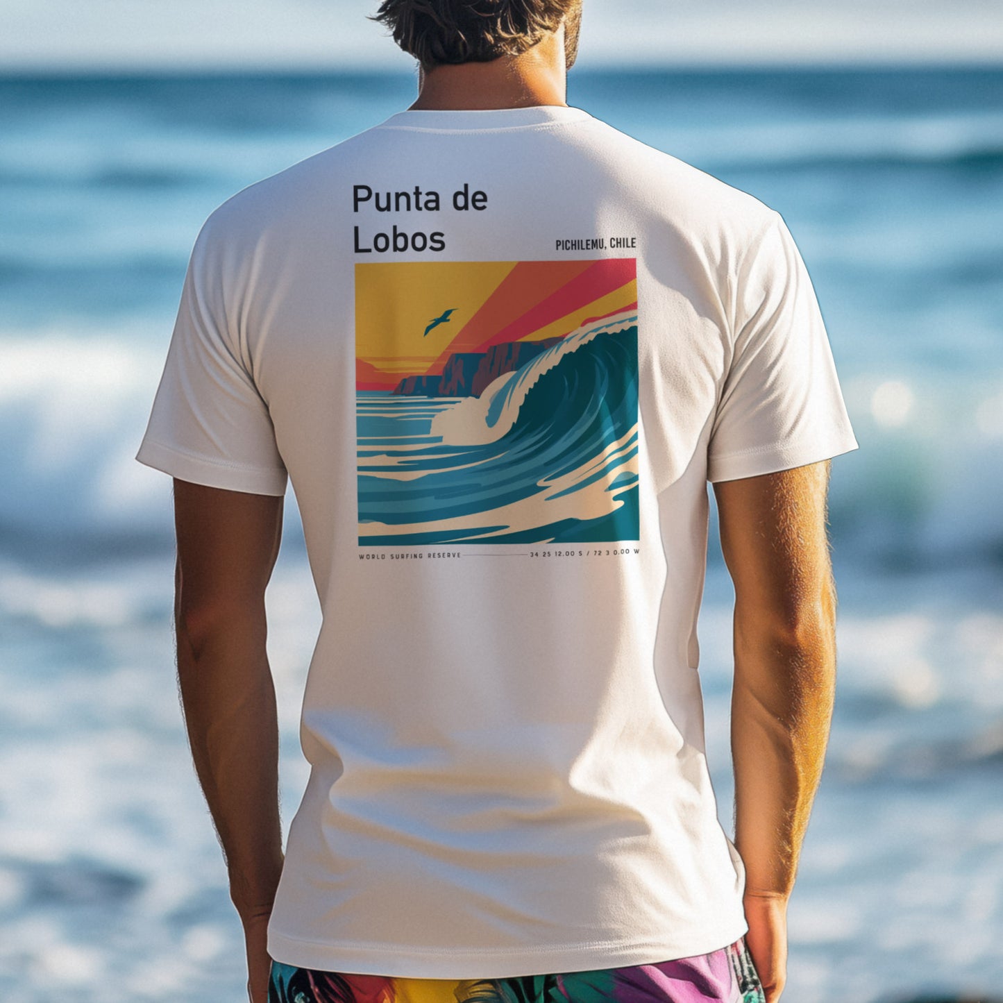 Punta de Lobos Surf T-Shirt | Chilean Point Break Wave Art — design printed on the back of the t-shirt