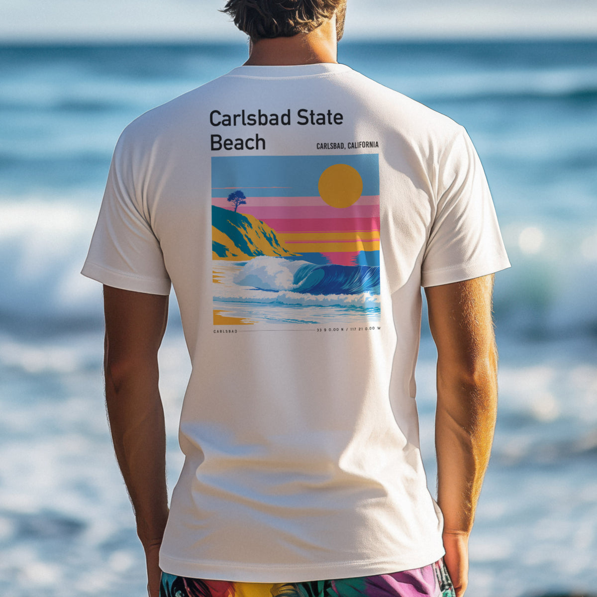 Carlsbad State Beach Surf T-Shirt | California Coast Wave Art — design printed on the back of the t-shirt