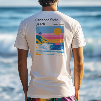 Carlsbad State Beach Surf T-Shirt | California Coast Wave Art — design printed on the back of the t-shirt