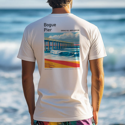 Bogue Pier Surf T-Shirt | Carolina Coast Wave Art Tee — design printed on the back of the t-shirt
