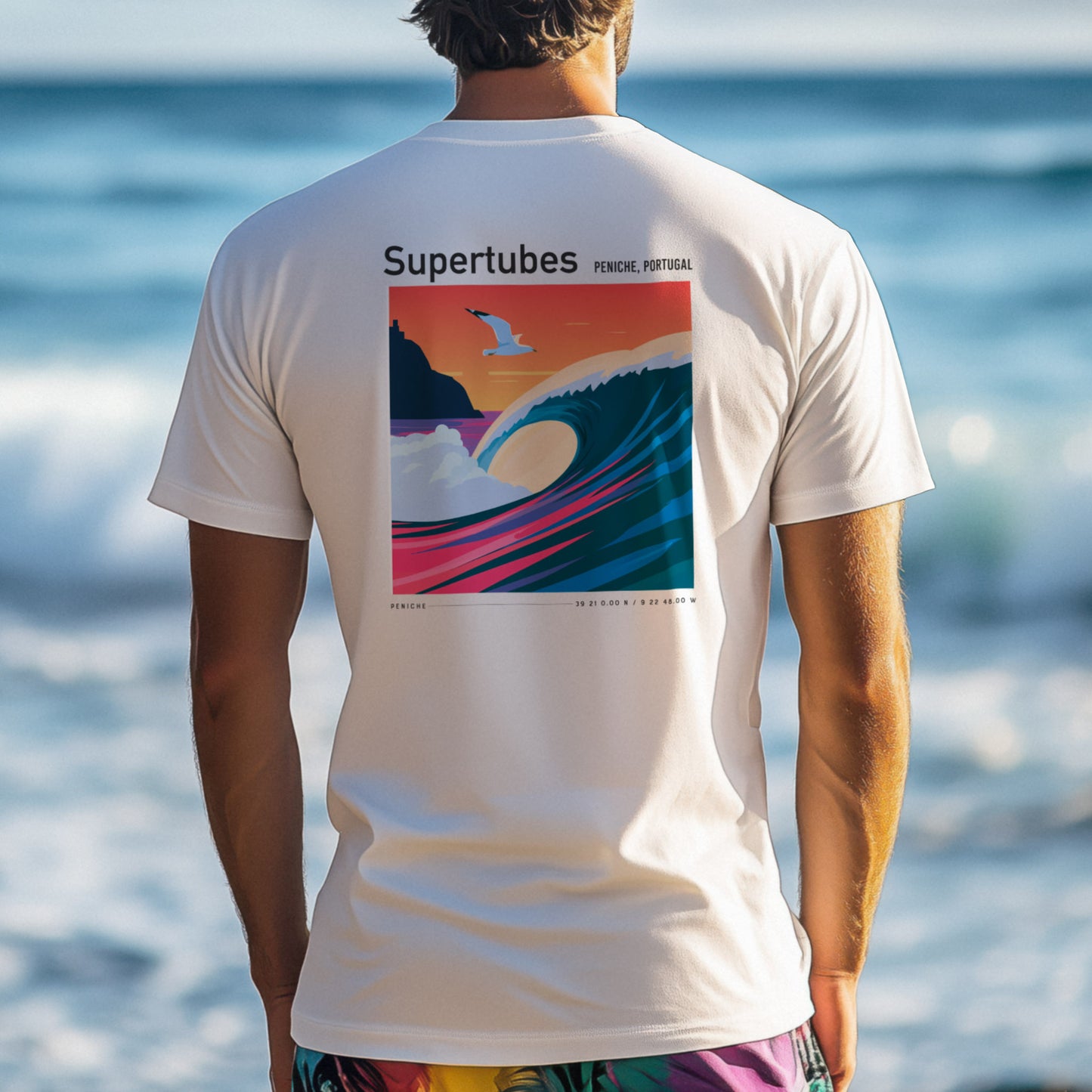 Supertubes Surf T-Shirt | Portuguese Barrel Wave Art Tee — design printed on the back of the t-shirt