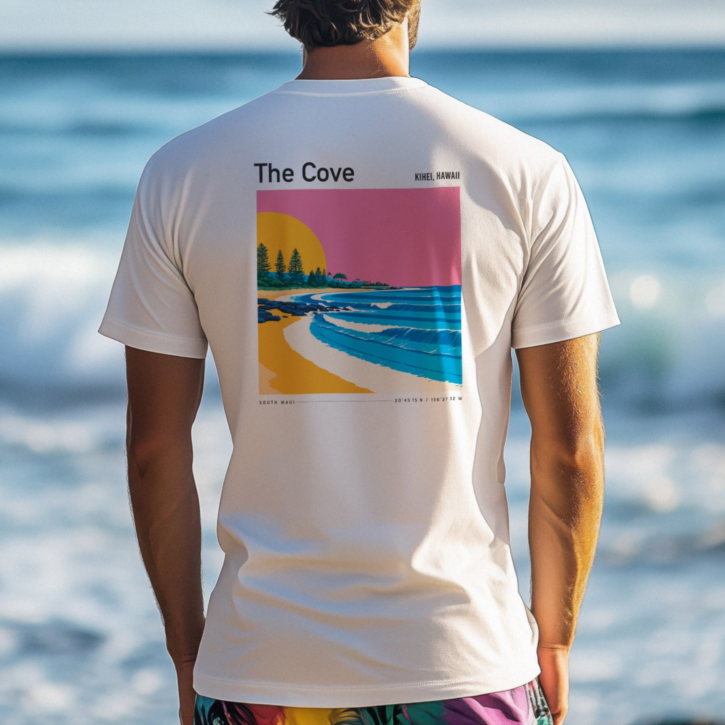 The Cove, Hawaii Surf T-Shirt | Hidden Wave Aloha Art Tee — design printed on the back of the t-shirt