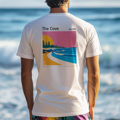 The Cove, Hawaii Surf T-Shirt | Hidden Wave Aloha Art Tee — design printed on the back of the t-shirt