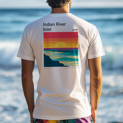 Indian River Inlet Surf T-Shirt | Delaware Coast Wave Art Tee — design printed on the back of the t-shirt