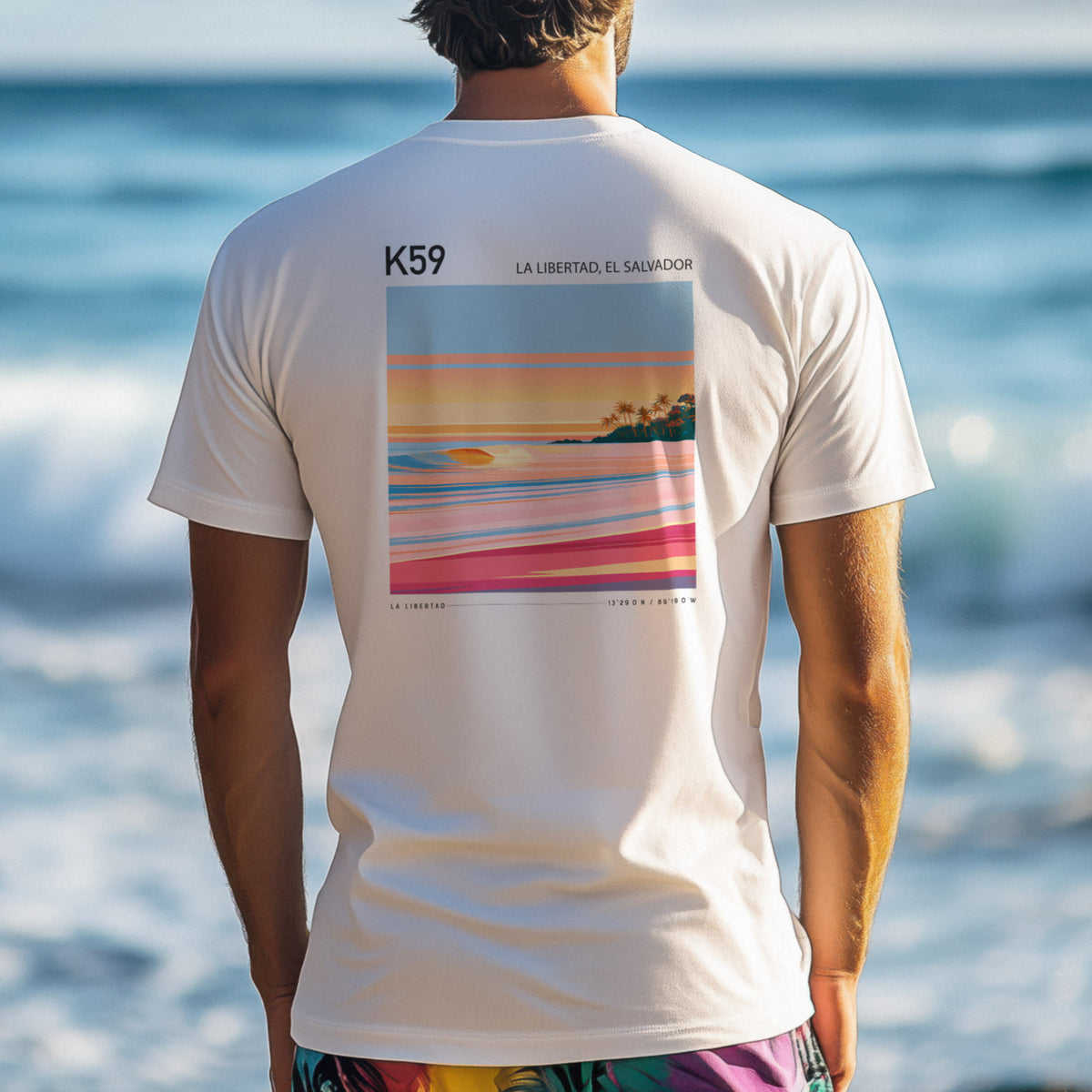 K59, El Salvador Surf T-Shirt | Central American Wave Art Tee — design printed on the back of the t-shirt