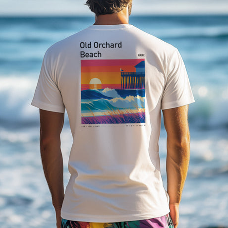 Old Orchard Beach Pier Surf T-Shirt | Maine Coast Wave Art Tee — design printed on the back of the t-shirt
