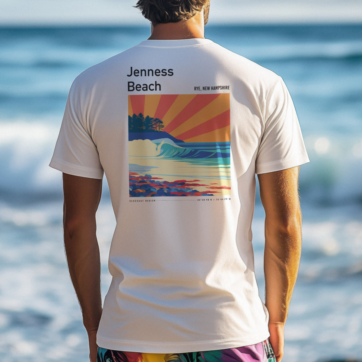 Jenness Beach Surf T-Shirt | New Hampshire Coastal Wave Tee — design printed on the back of the t-shirt