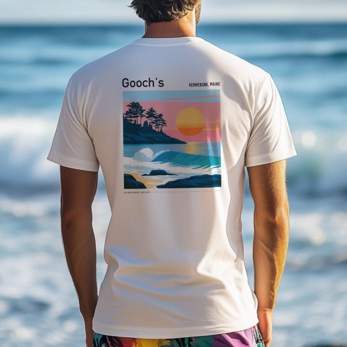 Gooch's Beach Surf T-Shirt | Maine Coast Wave Art Tee — design printed on the back of the t-shirt