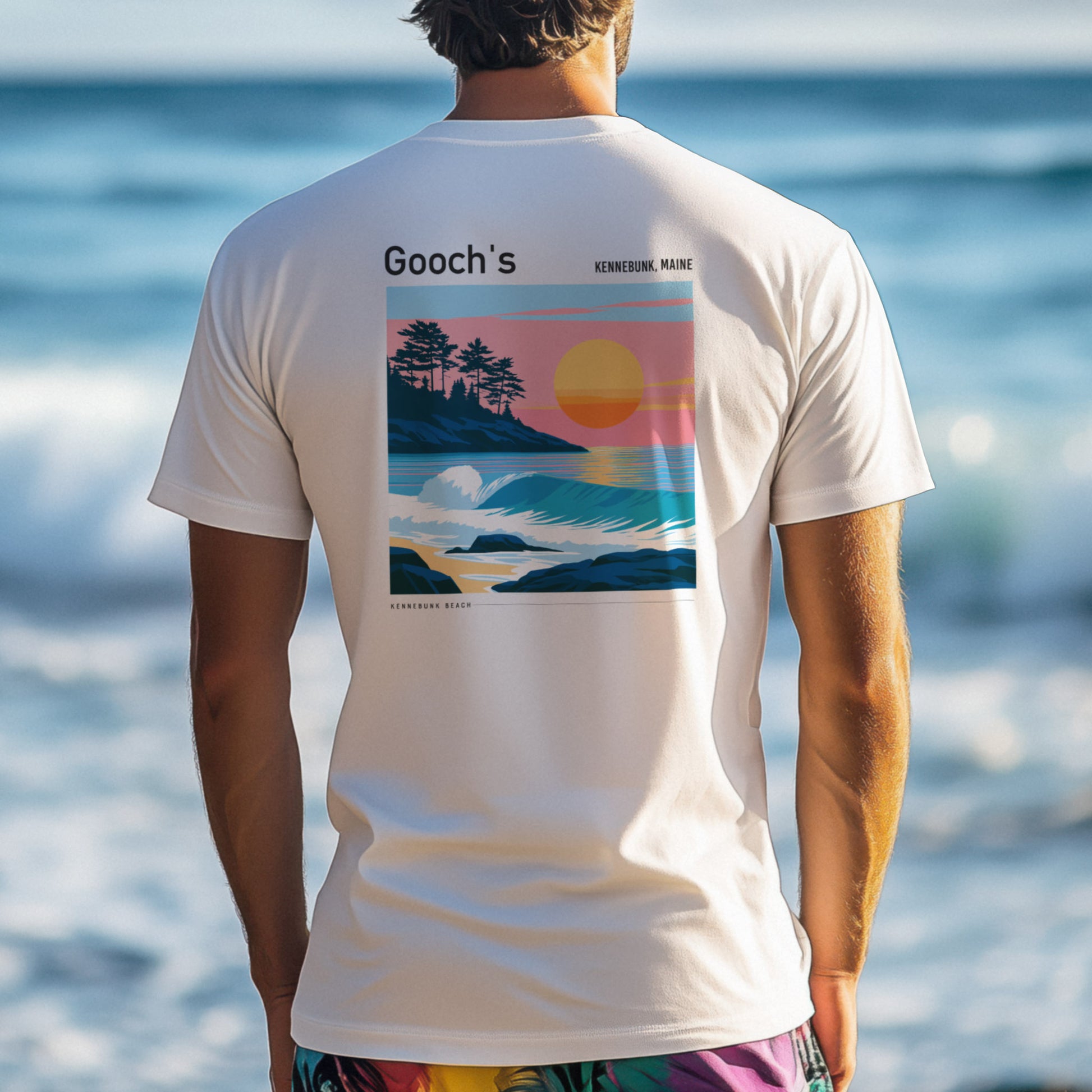 Gooch's Beach Surf T-Shirt | Maine Coast Wave Art Tee — design printed on the back of the t-shirt