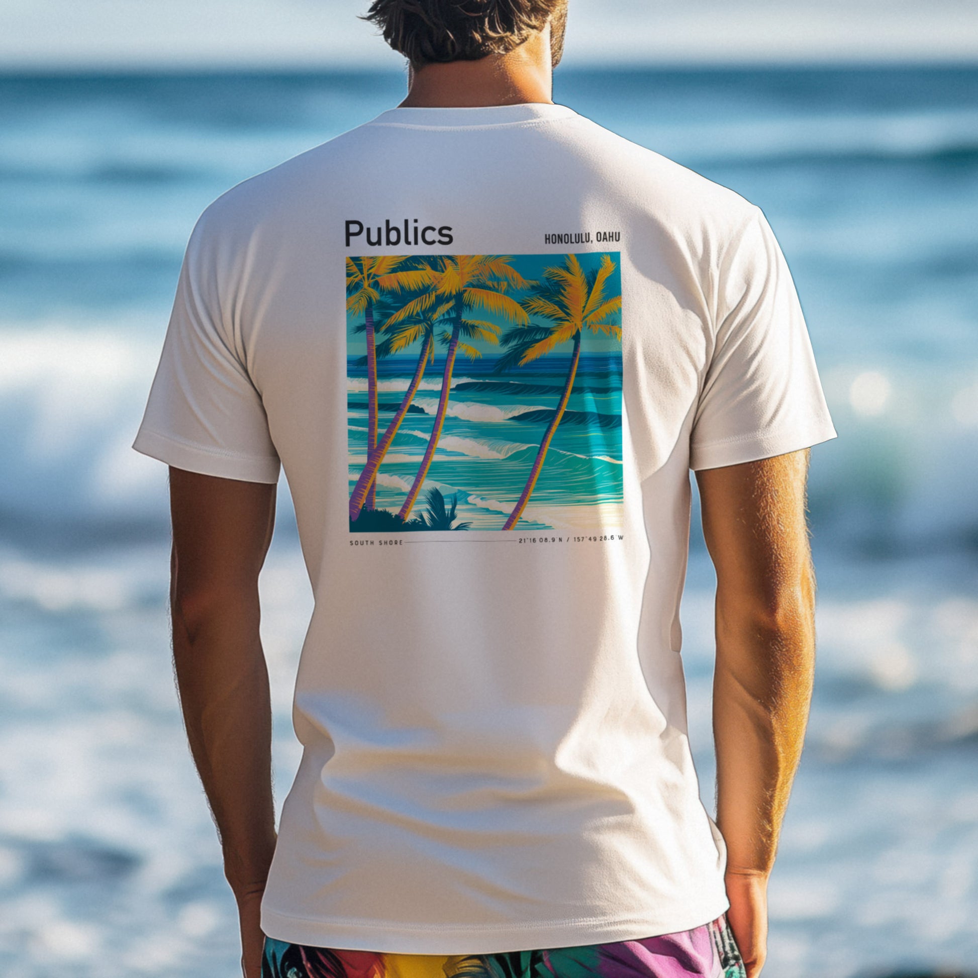 Publics, Hawaii Surf T-Shirt | Waikiki Wave Culture Tee — design printed on the back of the t-shirt