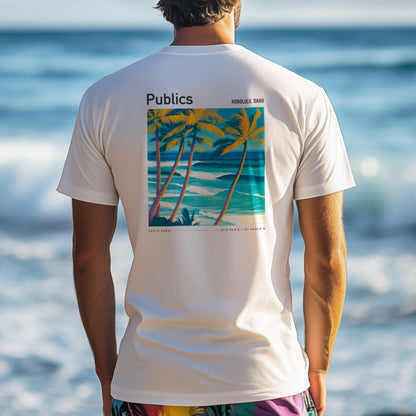 Publics, Hawaii Surf T-Shirt | Waikiki Wave Culture Tee — design printed on the back of the t-shirt