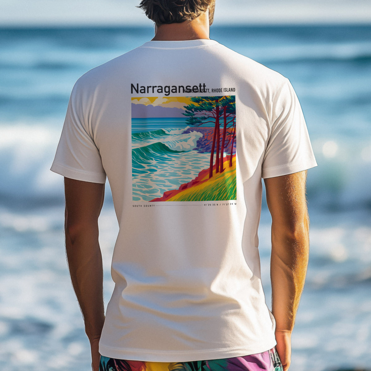 Narragansett Town Beach Surf T-Shirt | Rhode Island Wave Art Tee — design printed on the back of the t-shirt