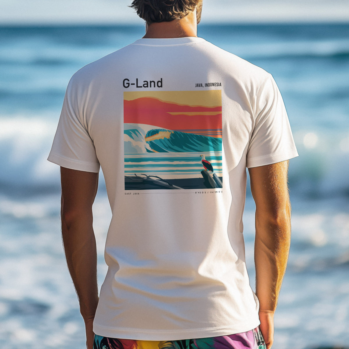 G-Land, Java Surf T-Shirt | Legendary Indonesian Wave Art — design printed on the back of the t-shirt