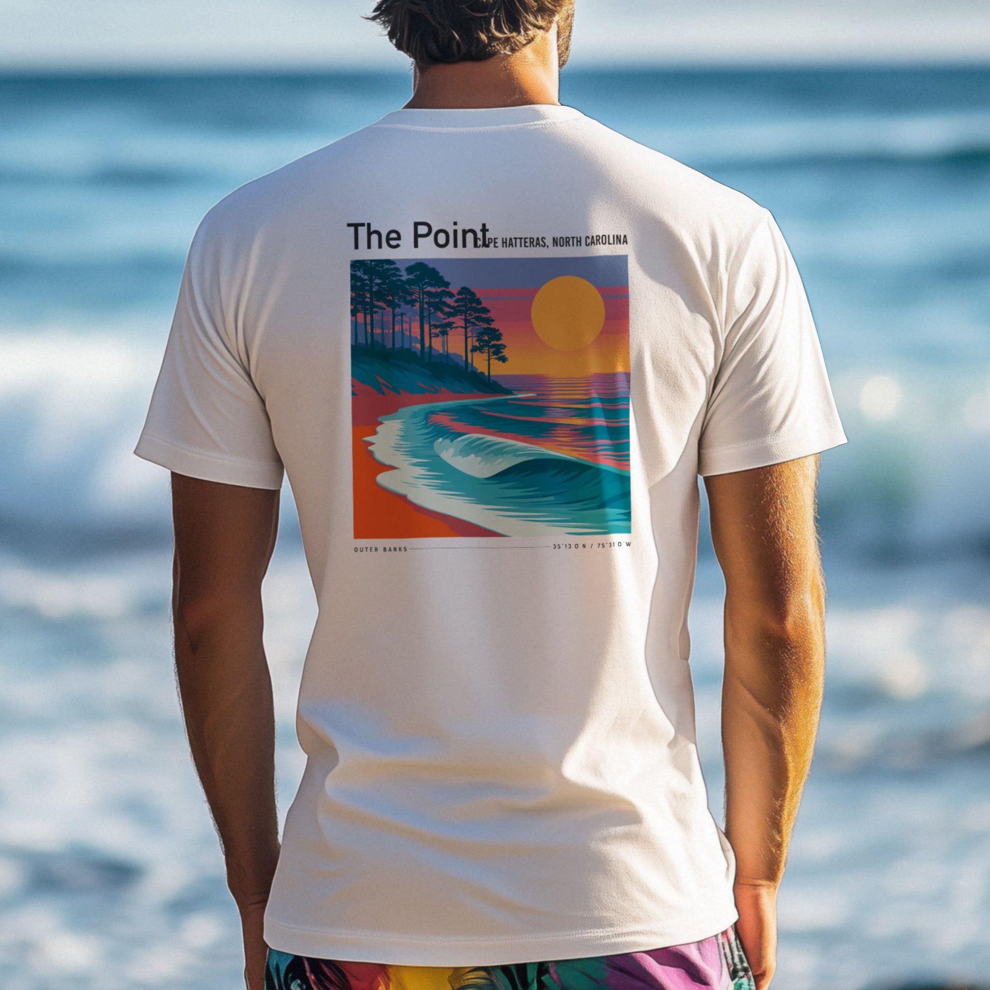 The Point, North Carolina Surf T-Shirt | Outer Banks Wave Art Tee — design printed on the back of the t-shirt