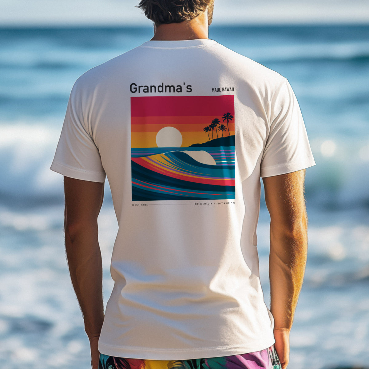 Grandma's Surf T-Shirt | Gentle Waves, Wild Soul — design printed on the back of the t-shirt
