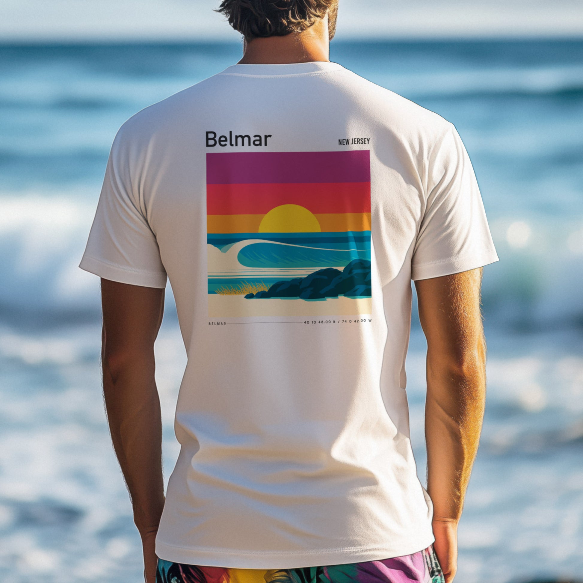 Belmar, New Jersey Surf T-Shirt | Jersey Shore Wave Art Tee — design printed on the back of the t-shirt