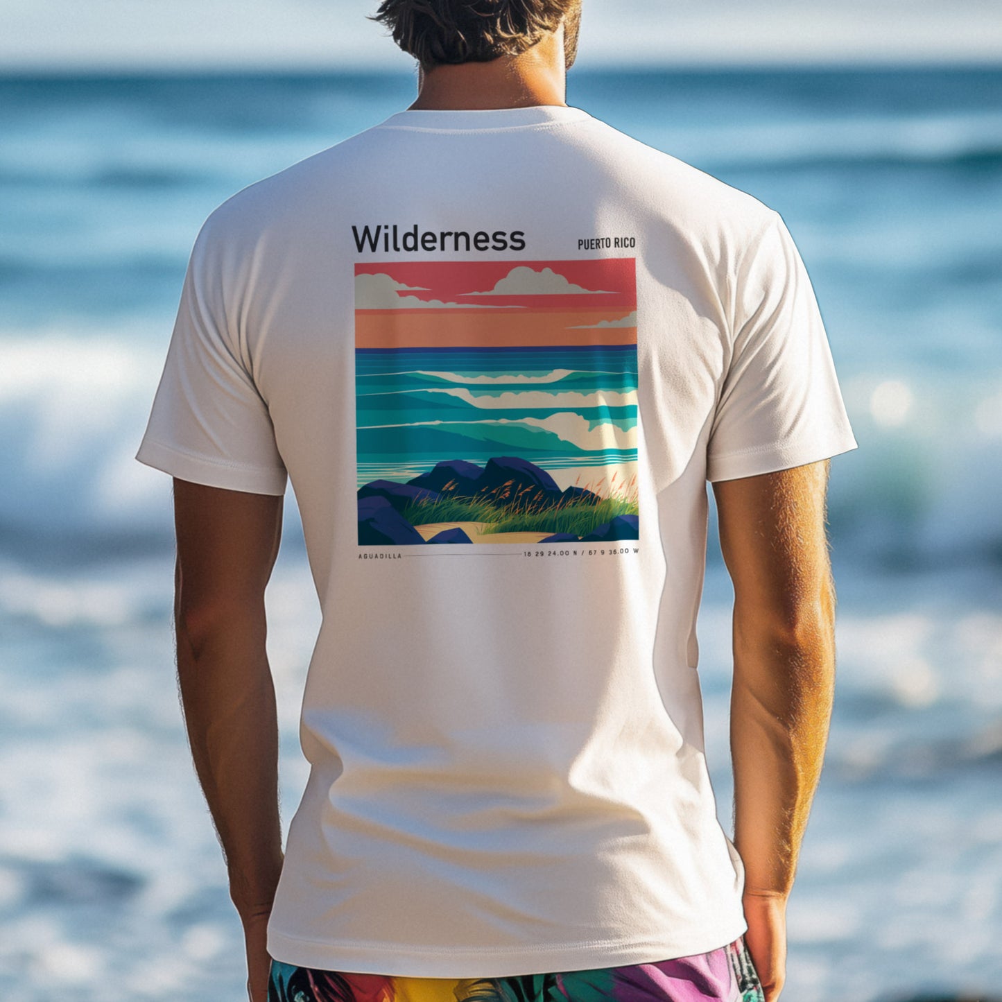 Wilderness Surf T-Shirt | Puerto Rico Wave Art Tee — design printed on the back of the t-shirt