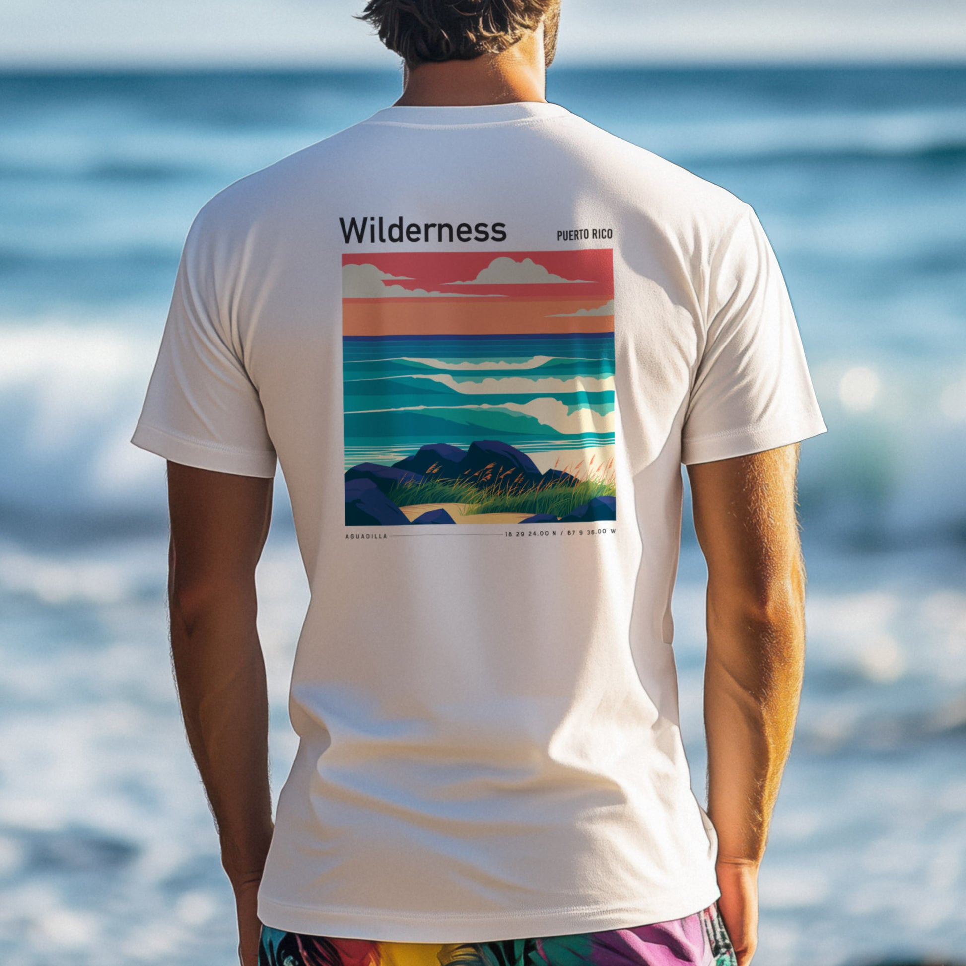 Wilderness Surf T-Shirt | Puerto Rico Wave Art Tee — design printed on the back of the t-shirt