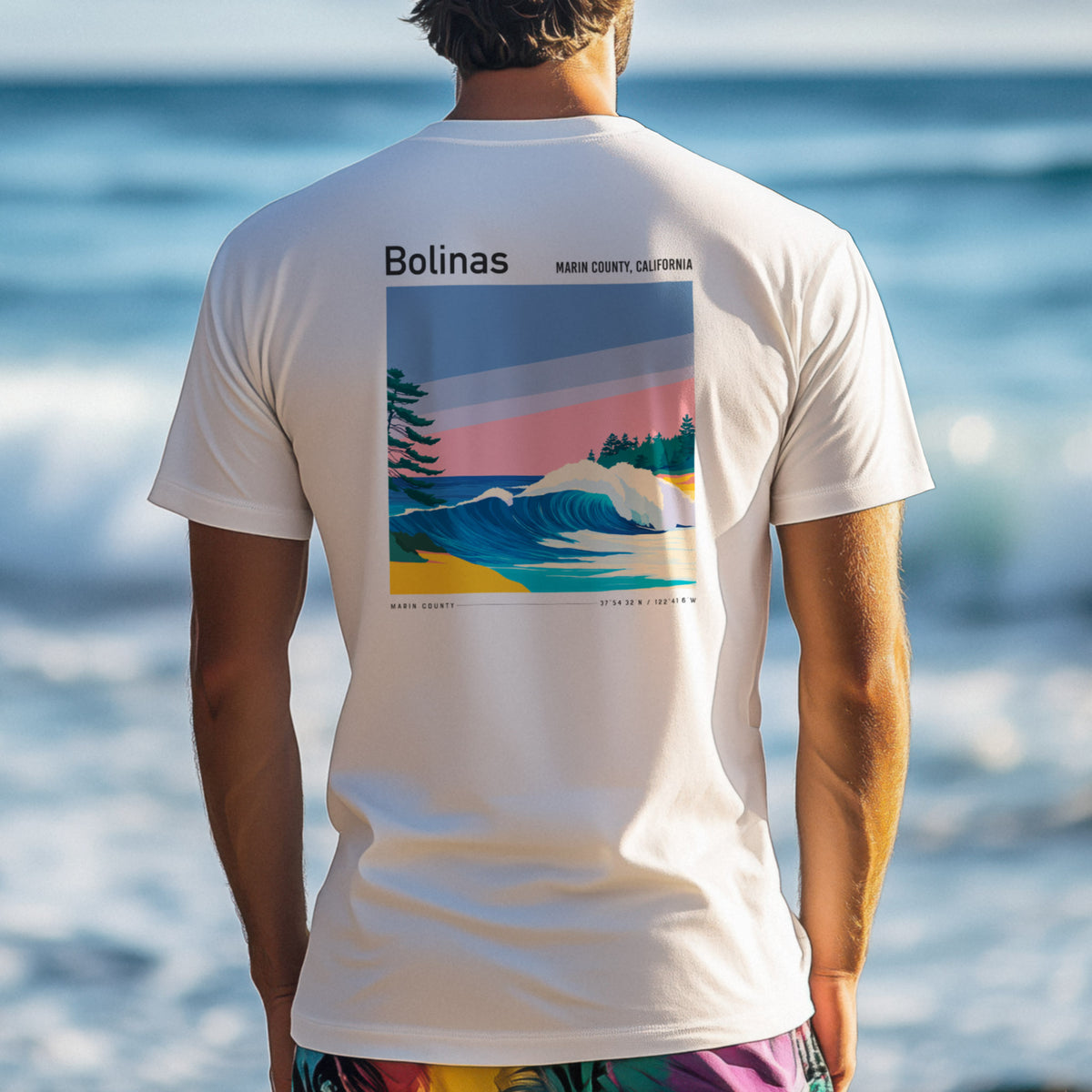 Bolinas Surf T-Shirt | Mellow Waves, Northern California Vibes — design printed on the back of the t-shirt