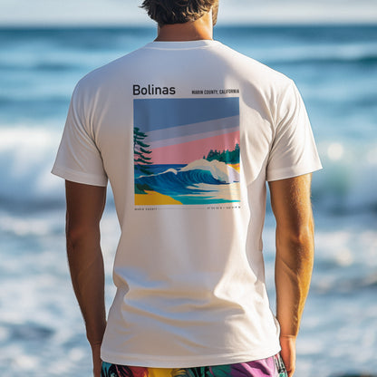 Bolinas Surf T-Shirt | Mellow Waves, Northern California Vibes — design printed on the back of the t-shirt