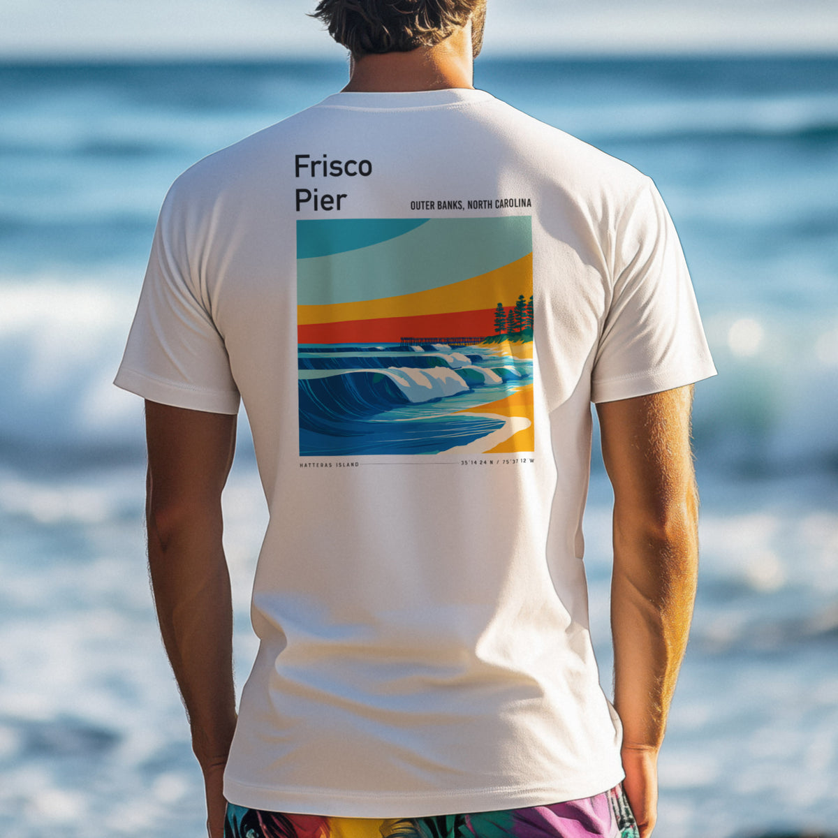 Frisco Pier Surf T-Shirt | Outer Banks Wave Art Tee — design printed on the back of the t-shirt