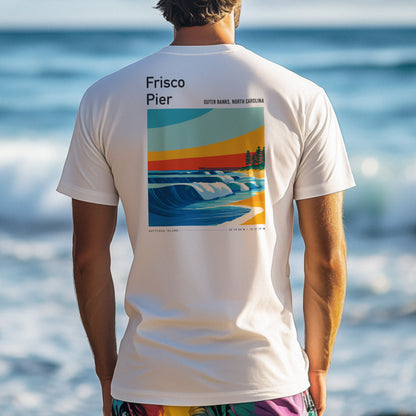 Frisco Pier Surf T-Shirt | Outer Banks Wave Art Tee — design printed on the back of the t-shirt
