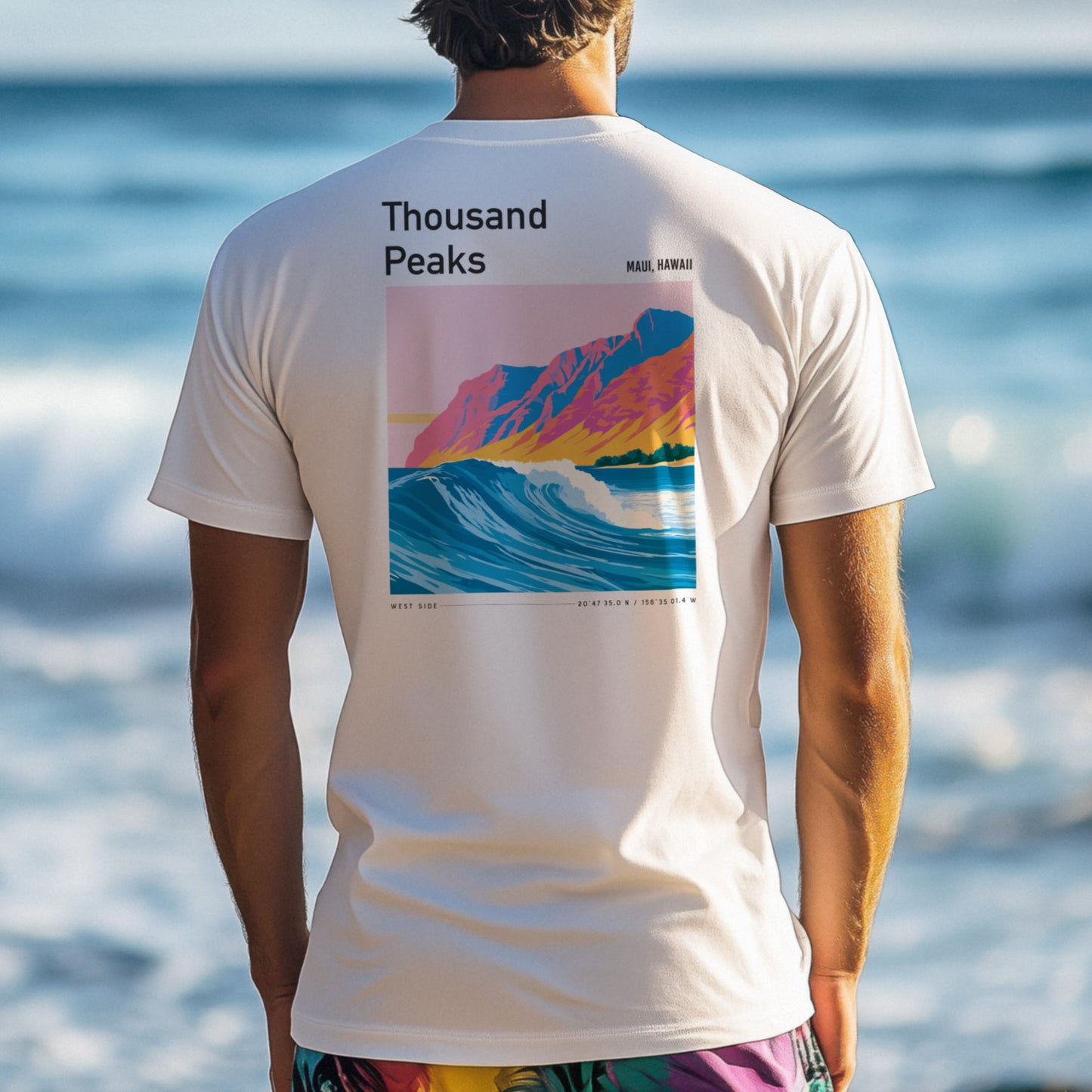 Thousand Peaks Surf T-Shirt | Hawaii Wave Art Tee — design printed on the back of the t-shirt