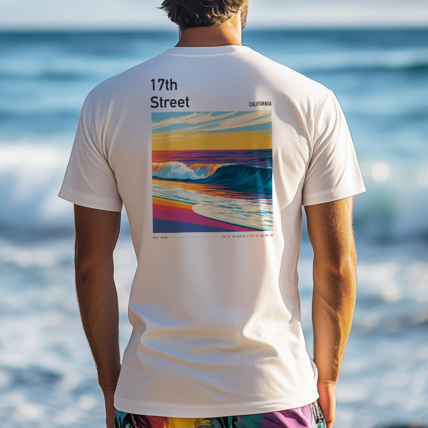 17th Street Surf T-Shirt | Coastal Wave Art Tee — design printed on the back of the t-shirt