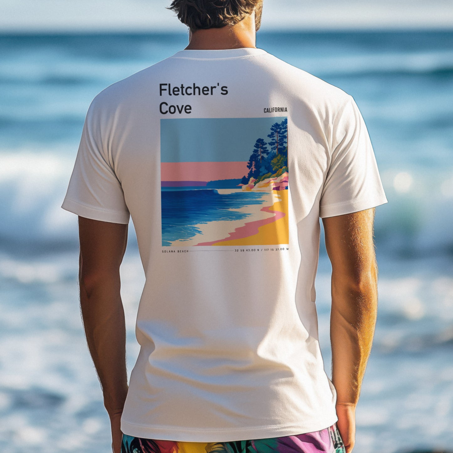 Fletcher's Cove Surf T-Shirt | Coastal Wave Art Tee — design printed on the back of the t-shirt
