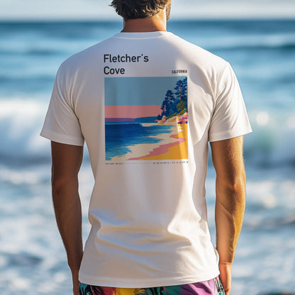 Fletcher's Cove Surf T-Shirt | Coastal Wave Art Tee — design printed on the back of the t-shirt