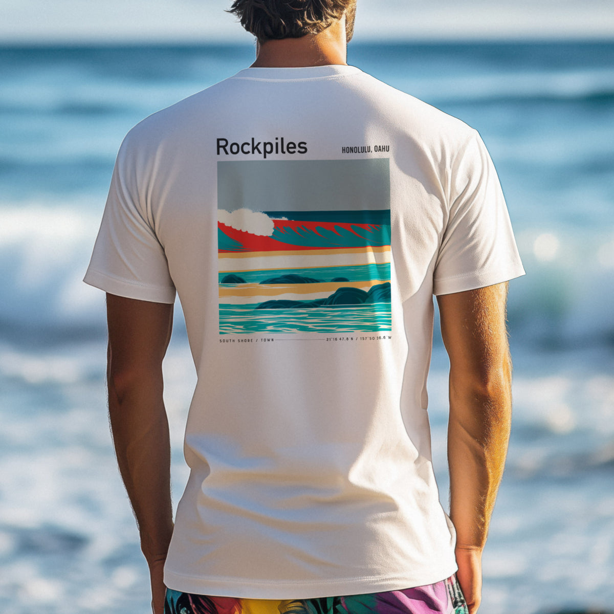 Rockpiles Surf T-Shirt | Raw Hawaiian Reef Wave Tee — design printed on the back of the t-shirt